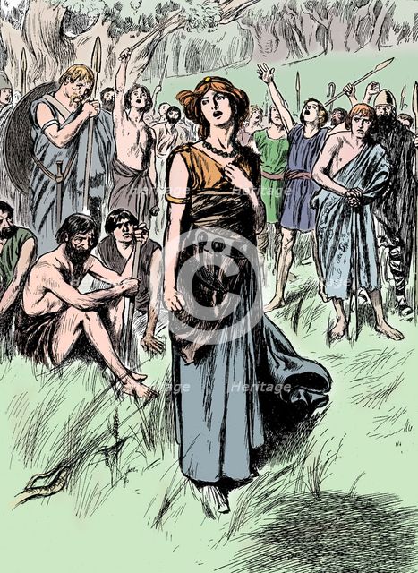 Boudicca (Boadicea) lst century British queen of the Iceni, rallying her troops, c1900. Artist: Unknown.