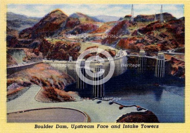 Boulder Dam, upstream face and intake towers, Arizona/Nevade, USA, 1941. Artist: Unknown