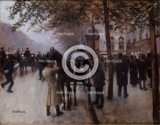 Boulevard des Capucines, in the evening, in front of Cafe Napolitain, c1880. Creator: Jean Beraud.