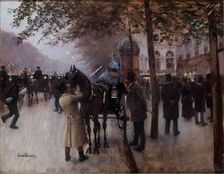 Boulevard des Capucines, in the evening, in front of Cafe Napolitain, c1880. Creator: Jean Beraud