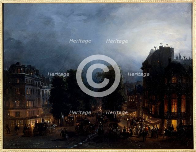 Boulevard des Italiens at Nuit, around 1835. Creator: Domenico Ferri.