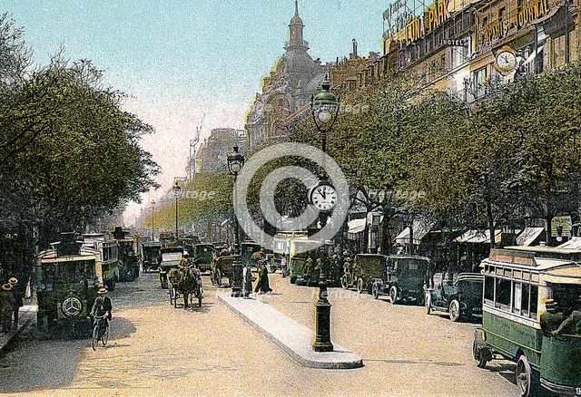 Boulevard des Italiens, Paris, with cars and motor buses on the street, c1900. Creator: Unknown.