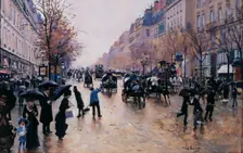 Boulevard Poissoniere in the rain, c1880. Creator: Jean Beraud