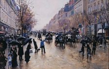 Boulevard Poissoniere in the rain, c1880. Creator: Jean Beraud