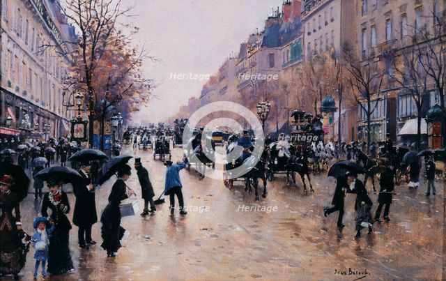 Boulevard Poissoniere in the rain, c1880. Creator: Jean Beraud.