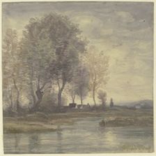 Boundary with farmhouses under tall trees, mid-late 19th century. Creator: Karl Peter Burnitz