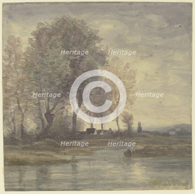 Boundary with farmhouses under tall trees, mid-late 19th century. Creator: Karl Peter Burnitz.