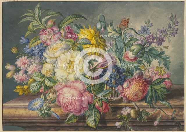 Bouquet in a basket, with a snail and a butterfly. Creator: Oswald Wijnen.