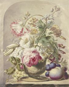 Bouquet in a vase, a peach and some grapes in the front right, 18th century. Creator: J. H. van Loon