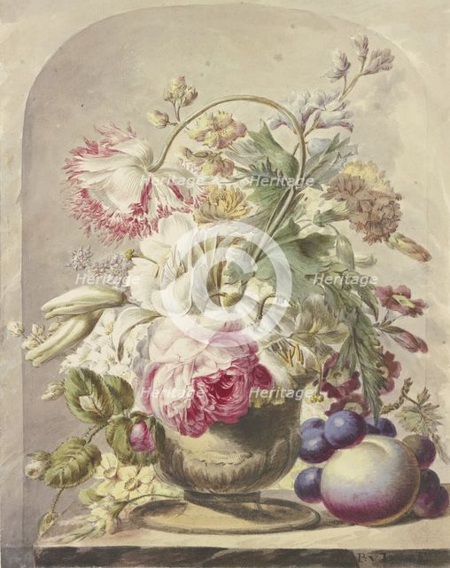 Bouquet in a vase, a peach and some grapes in the front right, 18th century. Creator: J. H. van Loon.
