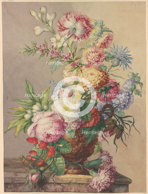 Bouquet in a vase on a marble table. Creator: Oswald Wijnen.