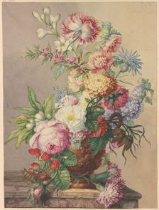 Bouquet in a vase on a marble table. Creator: Oswald Wijnen