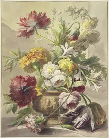 Bouquet in a vase with bas-relief of poppies, roses, tulips, a bent carnation..., 18th century. Creator: J. H. van Loon
