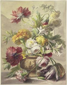 Bouquet in a vase with bas-relief of poppies, roses, tulips, a bent carnation..., 18th century. Creator: J. H. van Loon