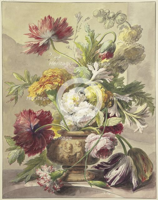 Bouquet in a vase with bas-relief of poppies, roses, tulips, a bent carnation..., 18th century. Creator: J. H. van Loon.