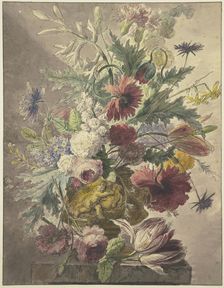 Bouquet in a vase with bas-relief, a rose and a tulip lie in front, 18th century. Creator: J. H. van Loon