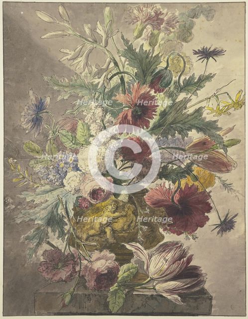 Bouquet in a vase with bas-relief, a rose and a tulip lie in front, 18th century. Creator: J. H. van Loon.