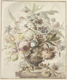 Bouquet in a vase with bas-relief, two rosebuds hang down on the left, 18th century. Creator: J. H. van Loon