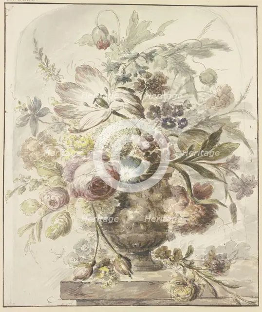 Bouquet in a vase with bas-relief, two rosebuds hang down on the left, 18th century. Creator: J. H. van Loon.