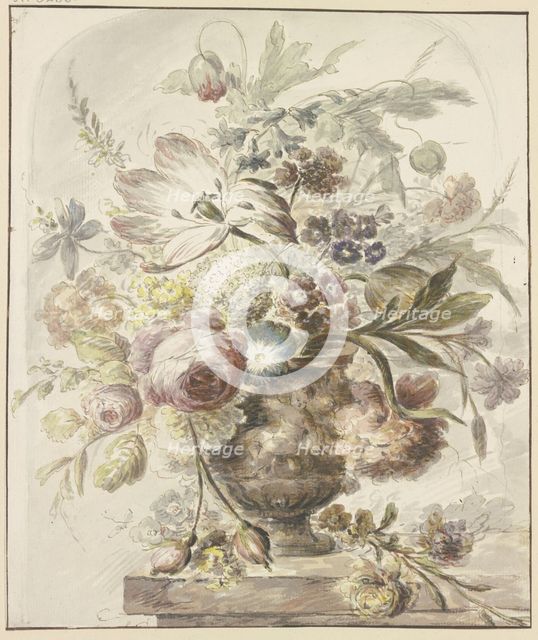 Bouquet in a vase with bas-relief, two rosebuds hang down on the left, 18th century. Creator: J. H. van Loon.