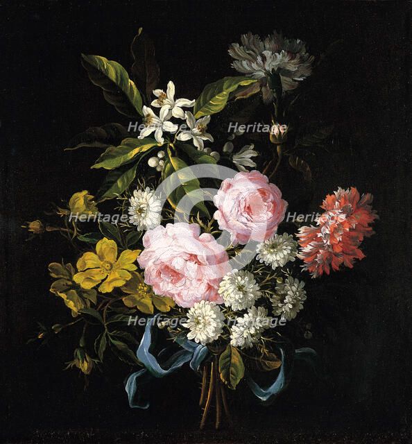 Bouquet of Chamomile, Roses, Orange Blossom and Carnations Tied with a Blue Ribbon. Artist: Monnoyer, Jean-Baptiste (1636-1699)