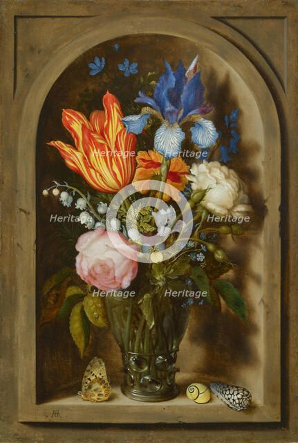 Bouquet of flowers in a Roemer glass set in a niche, c1620. Creator: Bosschaert, Ambrosius, the Elder (1573-1621).