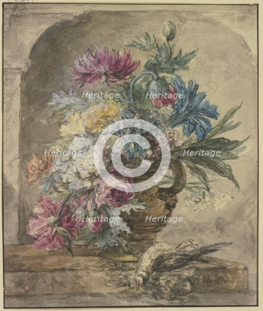 Bouquet of flowers, with a dead bird, early-mid 18th century. Creator: Jan van Huysum.