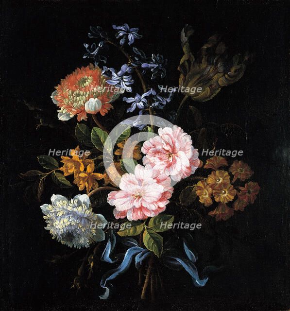 Bouquet of poppy anemones, roses, double campernelle, a hyacinth, a tulip and auricula tied with a b Artist: Monnoyer, Jean-Baptiste (1636-1699)