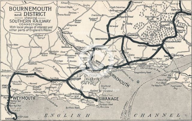 'Bournemouth and District, shewing Southern Railway connections', 1929. Artist: Unknown.