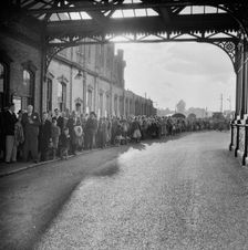 Bournemouth train station during an outing of Laing's London office to Bournemouth, Hampshire, 1953. Creator: John Laing plc