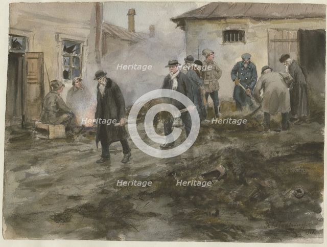 Bourgeoisie cleaning the stables (from the series of watercolors Russian revolution), 1920. Artist: Vladimirov, Ivan Alexeyevich (1869-1947)