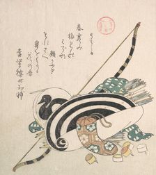 Bow, Arrows, Target, and Other Outfits for Archery, .., ca. 1814. Creator: Kubo Shunman