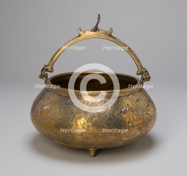 Bowl (Tas) with Attached Handles, Decorated with Horsemen and Solar Motif, 14th century. Creator: Unknown.