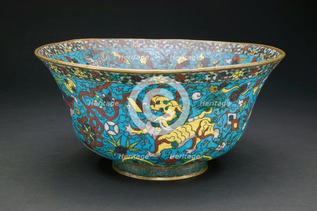 Bowl with Mandarin Ducks, Cranes, Auspicious Creatures..., Ming dynasty, 1st half of 16th cent. Creator: Unknown.
