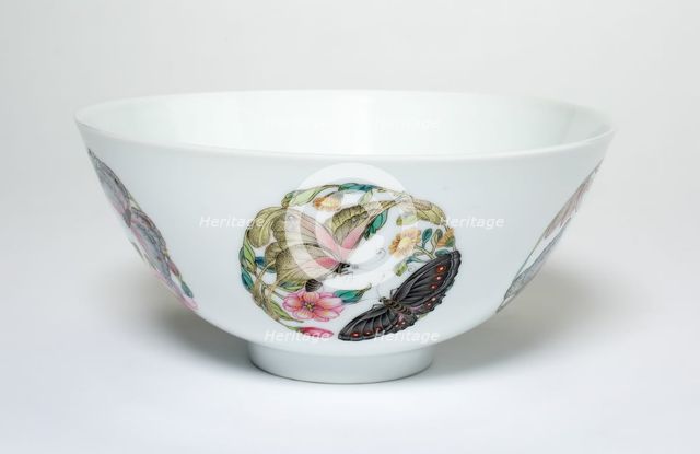 Bowl with Medallions of Butterflies, Peonies, Chrysanthemums, Peaches, Plums and Orchids, Qing.... Creator: Unknown.