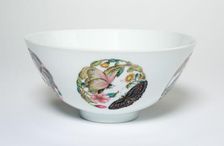 Bowl with Medallions of Butterflies, Peonies, Chrysanthemums, Peaches, Plums and Orchids, Qing.... Creator: Unknown