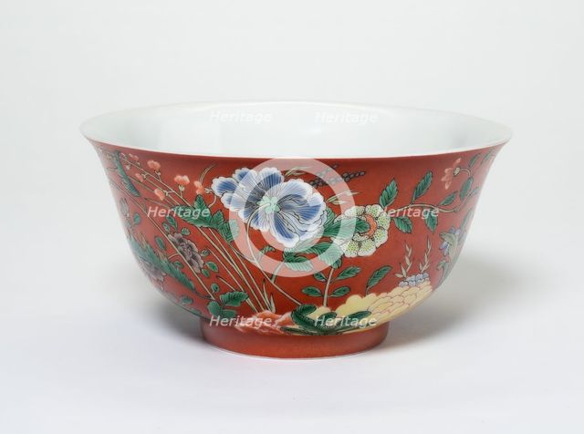 Bowl with Flowers on a Coral-Red Ground, Qing dynasty, Yongzheng reign, (1723-1735). Creator: Unknown.