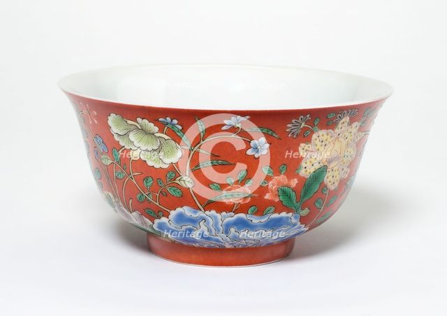 Bowl with Flowers on a Coral-Red Ground, Qing dynasty, Yongzheng reign mark (1723-1735). Creator: Unknown.
