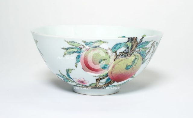 Bowl with Fruiting Peaches, Tree Peony, Flowering Plum, and Bats, Qing dynasty, (1723-1735). Creator: Unknown.