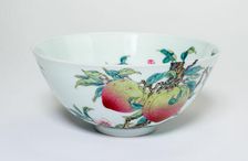 Bowl with Fruiting Peaches, Tree Peony, Flowering Plum and Bats, Qing dynasty, (1723-1735) Creator: Unknown