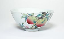 Bowl with Fruiting Peaches, Tree Peony, Flowering Plum, and Bats, Qing dynasty, (1723-1735). Creator: Unknown