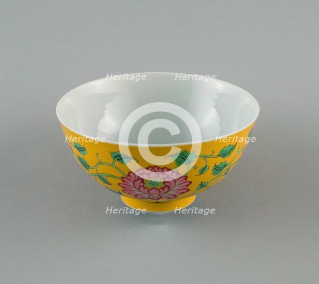 Bowl with Peony and Scrolling Peony Stems, Qing dynasty, Kangxi yuzhi mark and period, c. 1716-1722. Creator: Unknown.