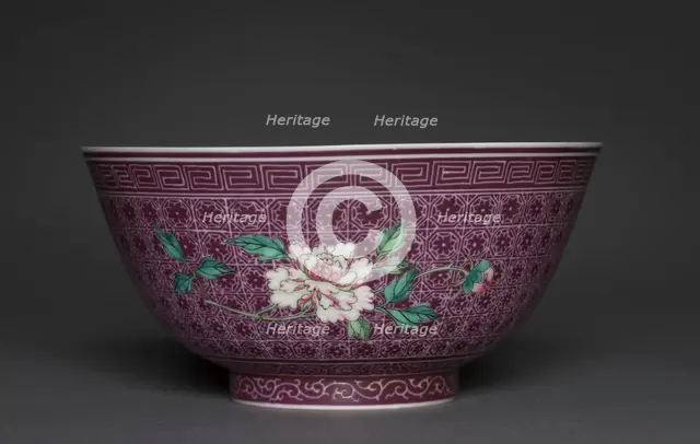 Bowl with Peony Sprays on Diaper Ground (exterior); Chrysanthemum Sprays (interior), 1736-1795. Creator: Unknown.