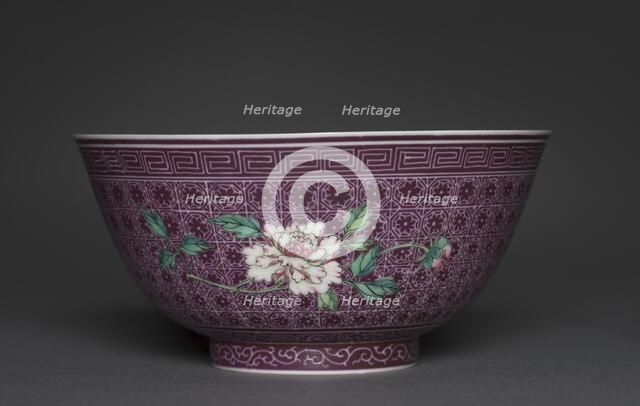 Bowl with Peony Sprays on Diaper Ground (exterior); Chrysanthemum Sprays (interior), 1736-1795. Creator: Unknown.