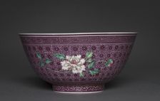 Bowl with Peony Sprays on Diaper Ground (exterior); Chrysanthemum Sprays (interior), 1736-1795. Creator: Unknown