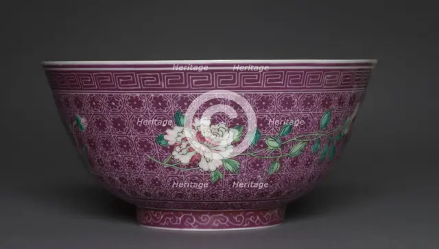 Bowl with Peony Sprays on Diaper Ground (exterior); Chrysanthemum Sprays (interior), 1736-1795. Creator: Unknown.