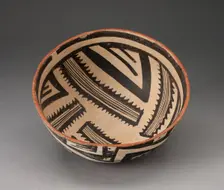 Bowl with Radiating Striped Bands and Triangles and Interlocking Zigzag on Exterior, A.D. 1300/1400. Creator: Unknown