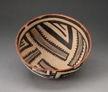 Bowl with Radiating Striped Bands and Triangles and Interlocking Zigzag on Exterior, A.D. 1300/1400. Creator: Unknown