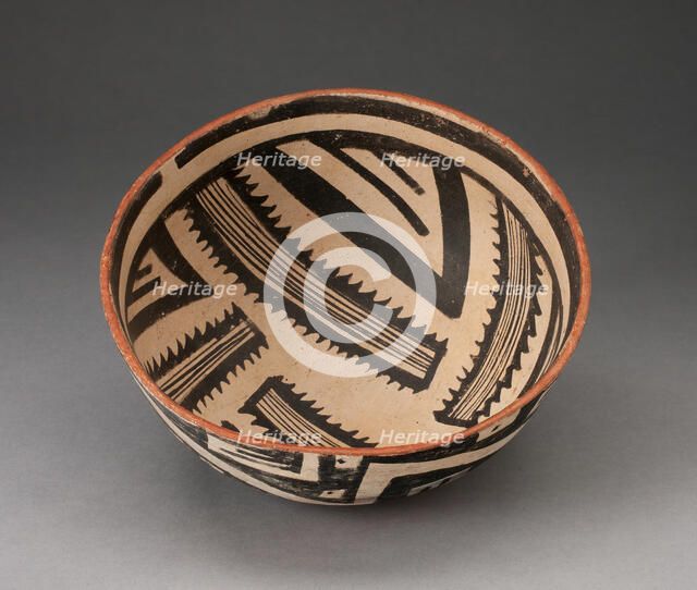 Bowl with Radiating Striped Bands and Triangles and Interlocking Zigzag on Exterior, A.D. 1300/1400. Creator: Unknown.