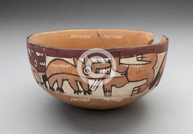 Bowl Depicting Coyotes Attacking Human, 180 B.C./A.D. 500. Creator: Unknown.